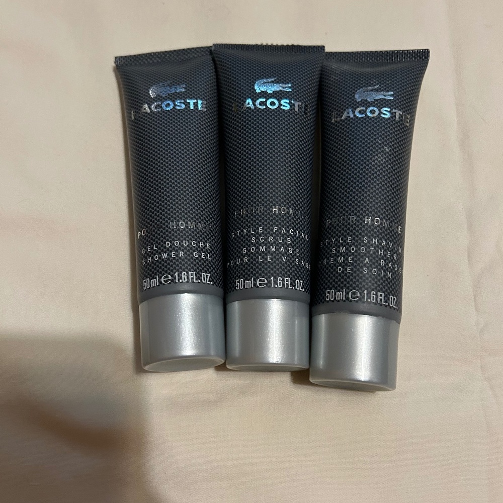 Lacoste Men’s 3 Piece Set Facial Scrub, Gel, Shaving Smoother 1.6 ozs